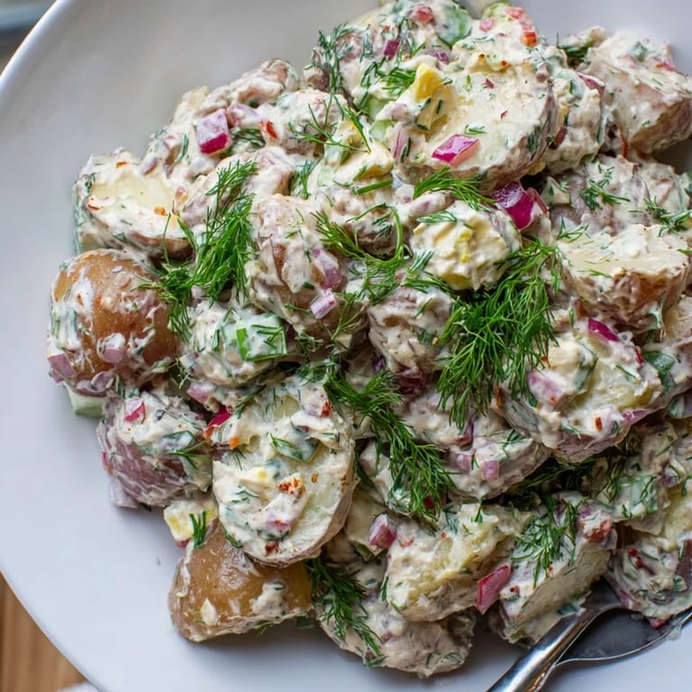 Delicious Spicy Pickle Ranch Potato Salad served in a rustic bowl at a picnic.