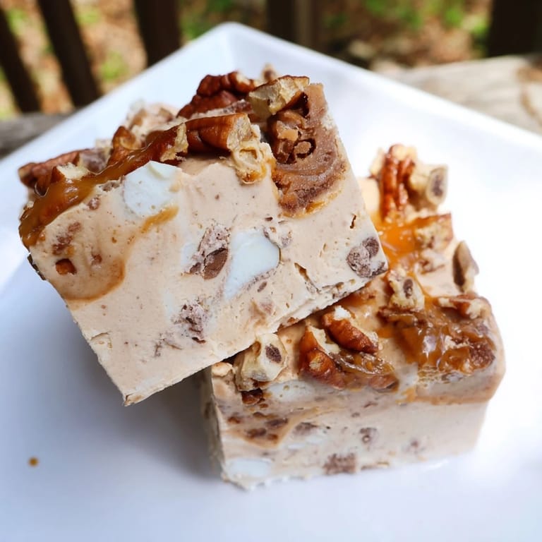 Mocha Pumpkin Praline Fudge squares, drizzled with warm spices and nuts for autumn delight.
