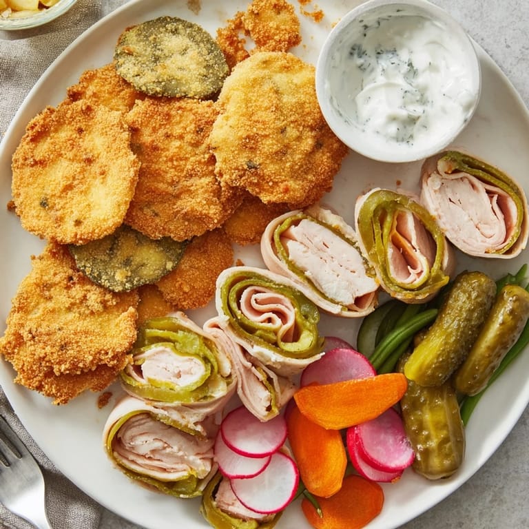 Delicious assortment of fried pickles and pickled vegetables on a vibrant serving platter.