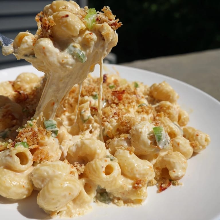 Comforting Spicy Kimchi Mac & Cheese featuring tangy kimchi and crispy breadcrumb topping.