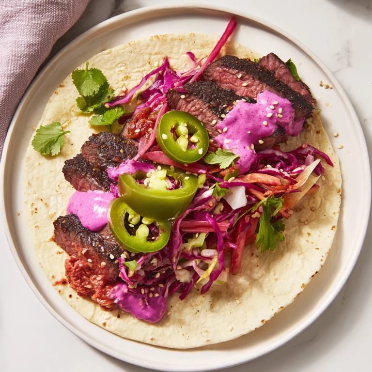 Delicious Global Street-Food Fusion Tacos served with spicy kimchi and crunchy cabbage.
