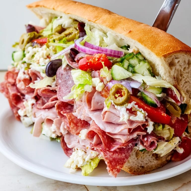 Delicious Flavor Mash-Up Sandwiches featuring Italian meats and vibrant vegetable toppings.  