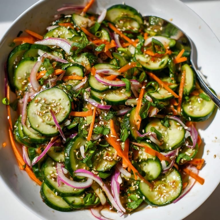 Crisp cucumber salad remix garnished with sesame seeds, perfect as a light appetizer.  