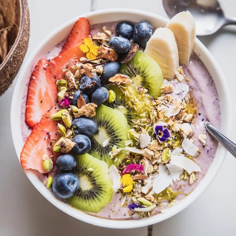 Nutritious smoothie bowls topped with kiwi and granola, perfect for a quick breakfast.