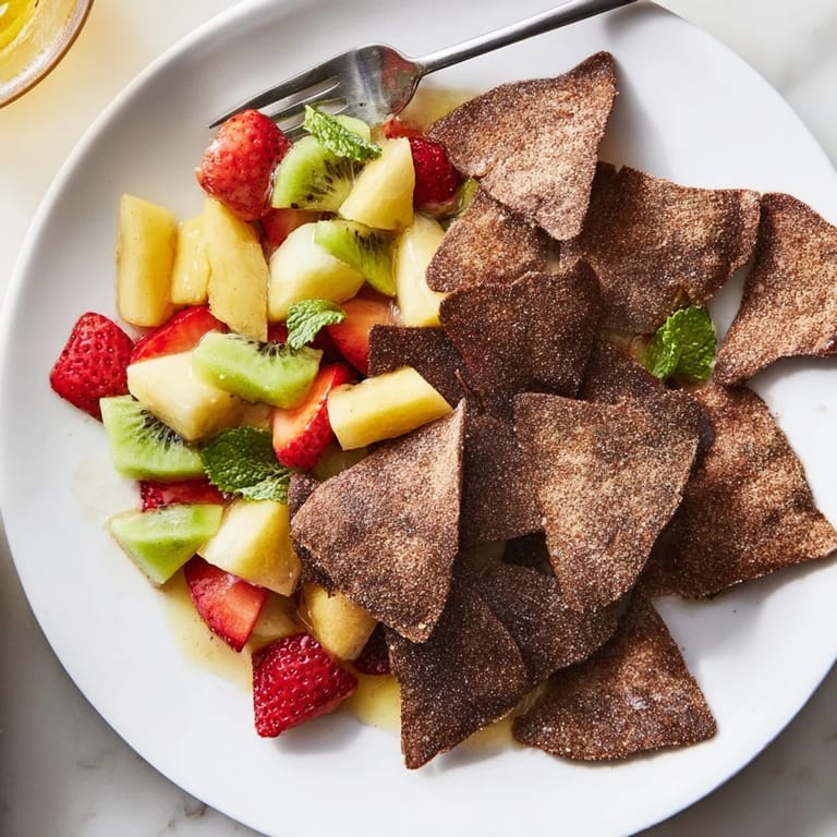 Indulge in Dessert Chips & Salsa, featuring chocolate chips and refreshing fruit medley.