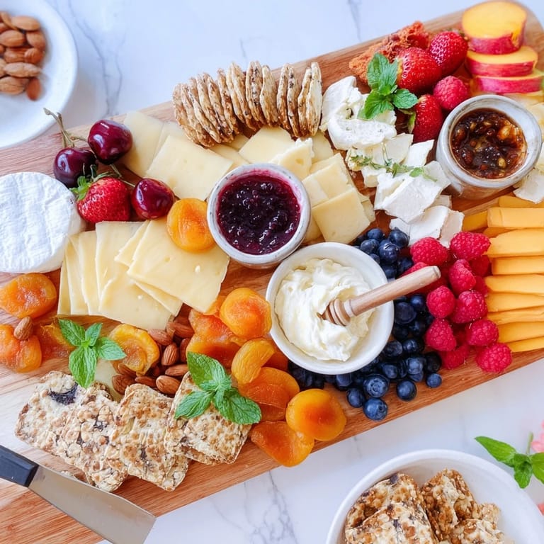 Delicious jam-infused brunch board featuring fresh fruits and crunchy multigrain crackers.