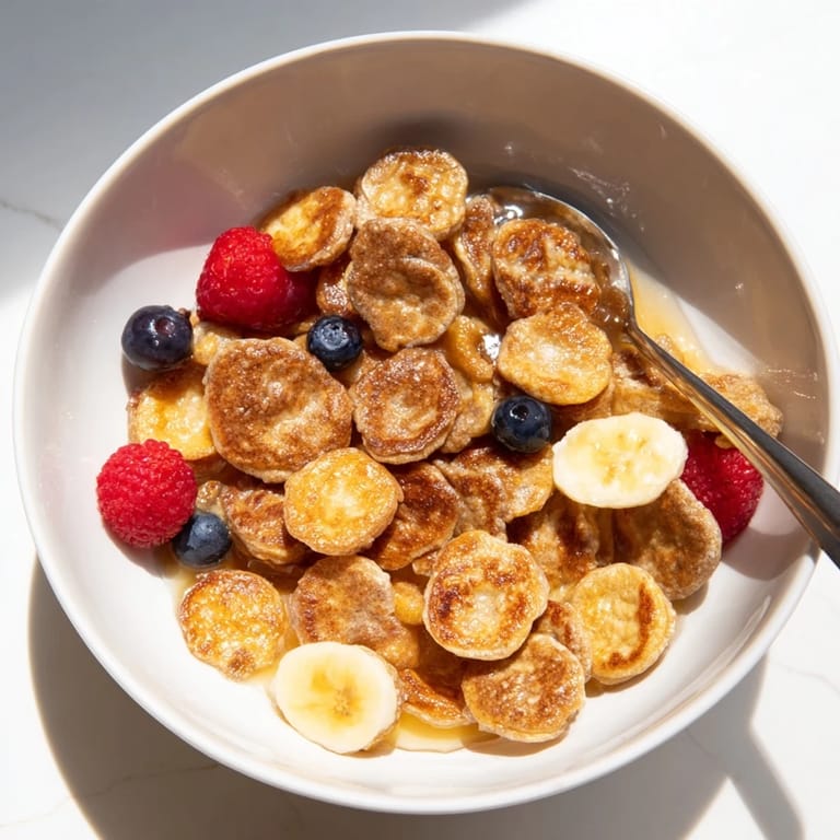 Fluffy mini pancakes served in a bowl, drizzled with honey and milk.  