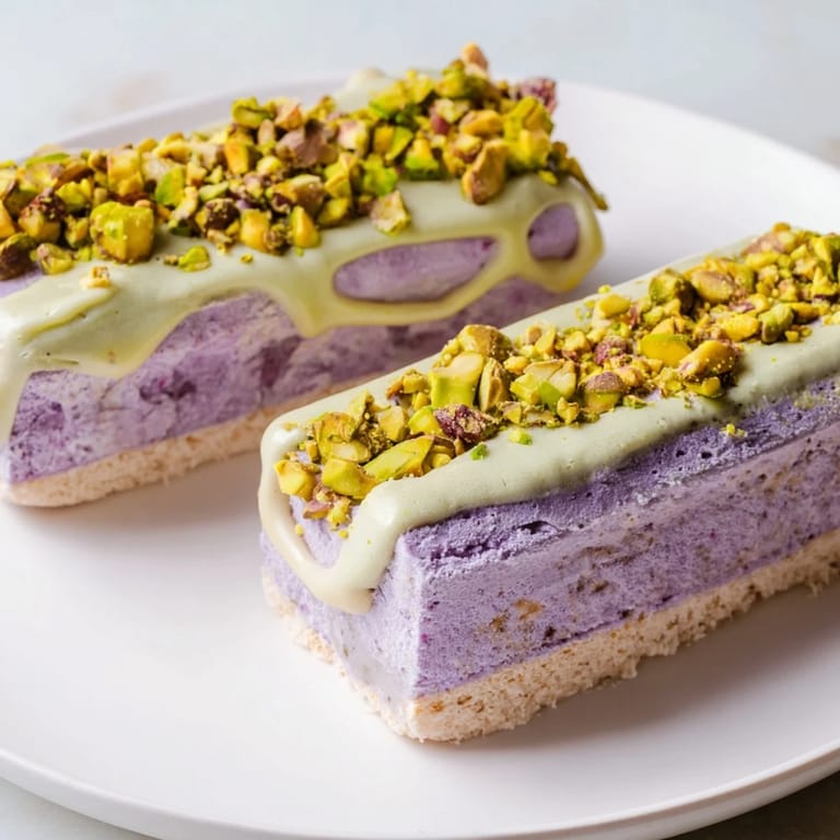 Deliciously layered ube and pistachio ice cream bars, a refreshing dessert treat.