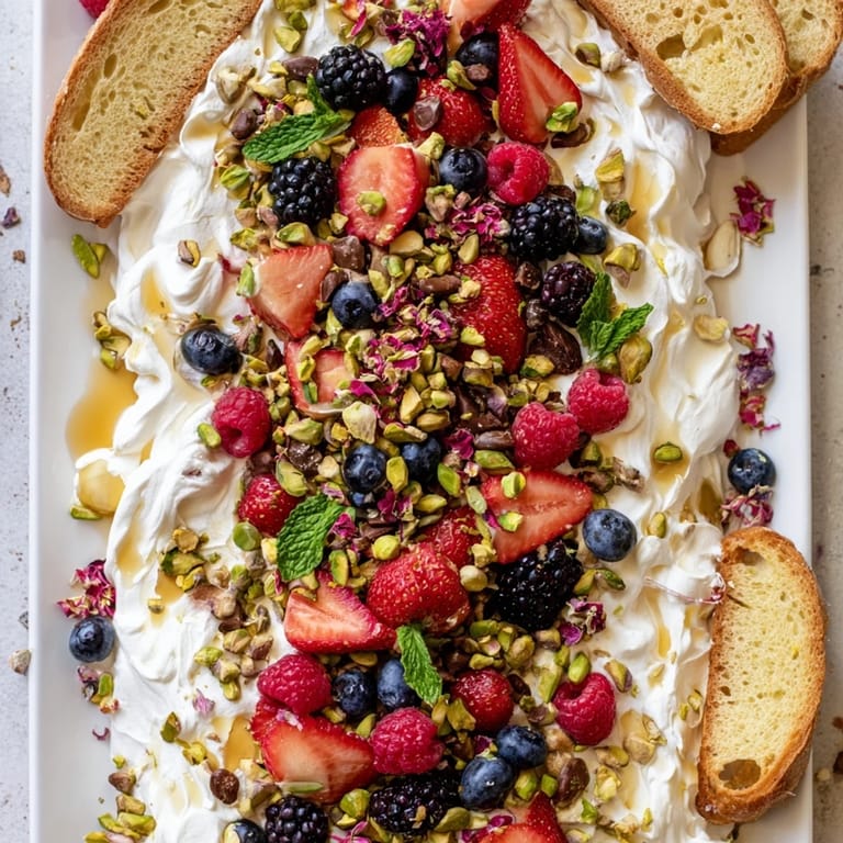 Elegant Butter Board Dessert with creamy texture, fresh fruits, and honey drizzle.