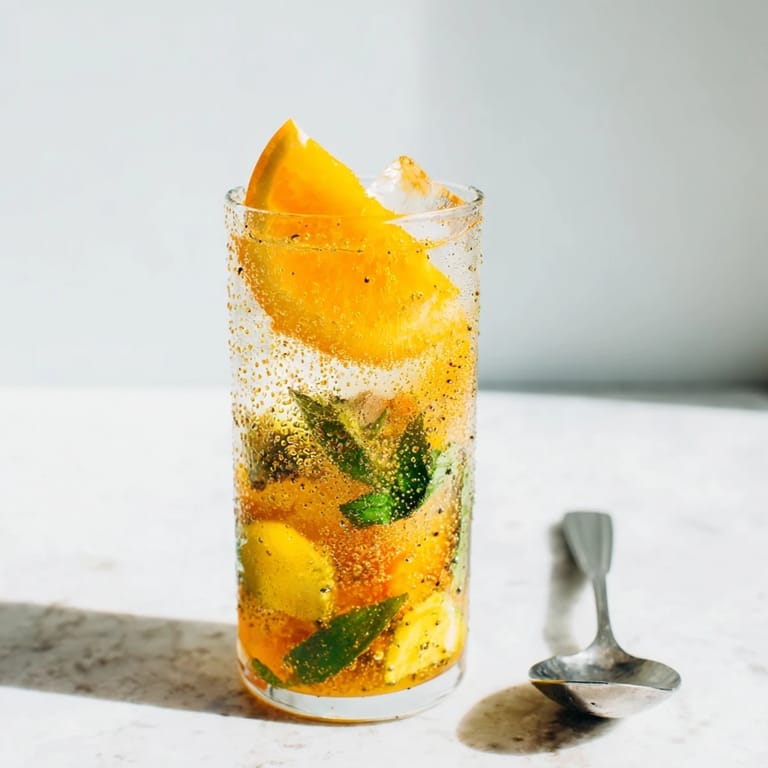 Colorful probiotic soda mocktail in glasses, garnished with orange slices and fresh mint.  