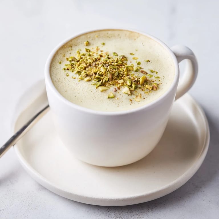 A warm pistachio milk latte, garnished with crushed nuts for extra flavor.