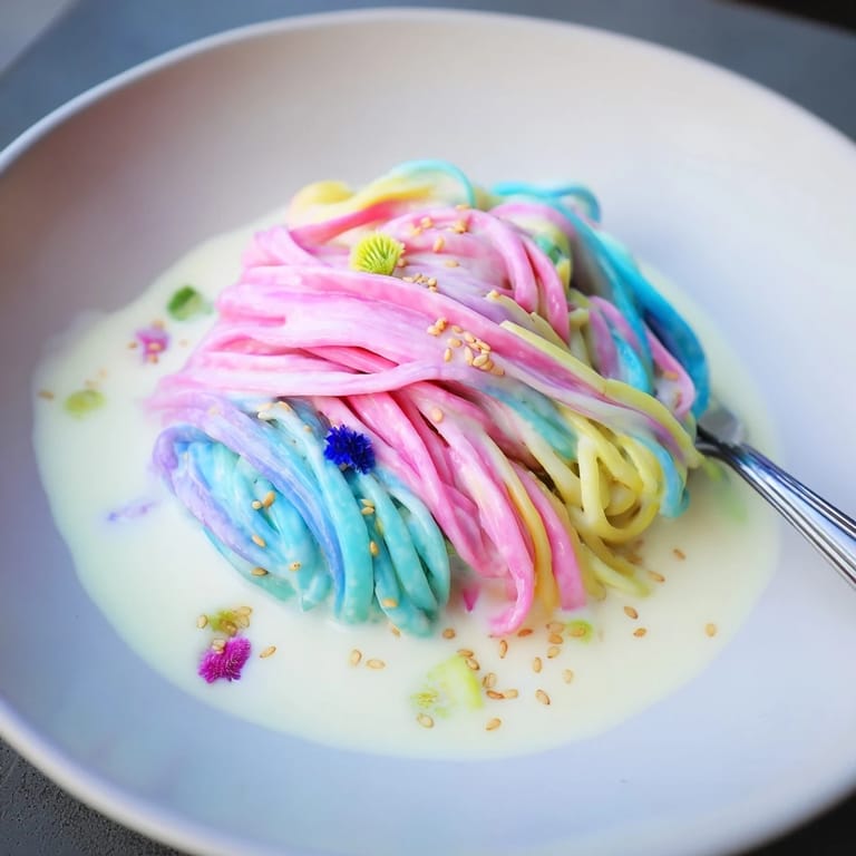 Delightful Neon Noodle Cloud garnished with scallions and sesame seeds for added flavor.
