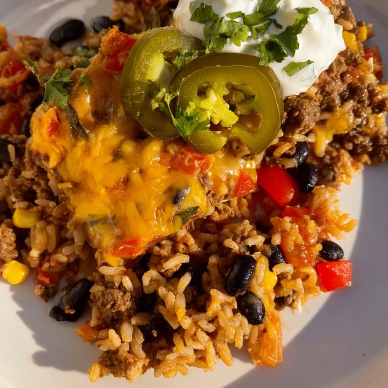 Colorful layers of Tex-Mex Beef & Rice Casserole filled with beans, meat, and spices.  