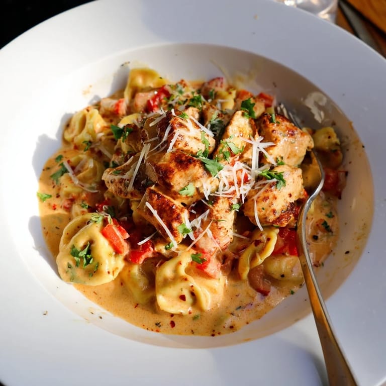 Indulge in Zesty Cajun Garlic Parmesan Chicken Tortellini topped with extra Parmesan and herbs.