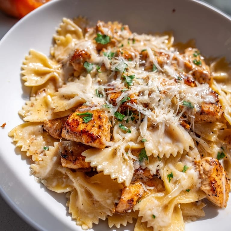 Comforting Mozzarella Garlic Butter Chicken Bowties served with extra Parmesan and black pepper.