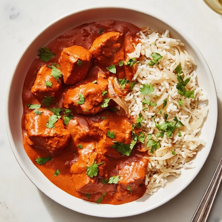 Delicious Butter Chicken garnished with cilantro, alongside aromatic basmati rice pilaf.  