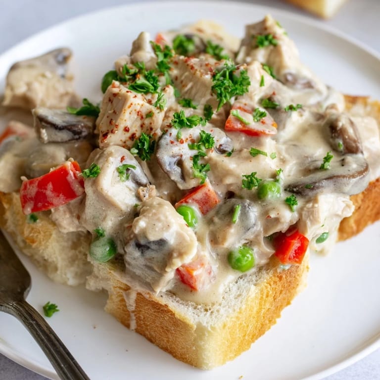 Comforting Chicken à la King with mushrooms and peppers, perfect for a cozy meal.
