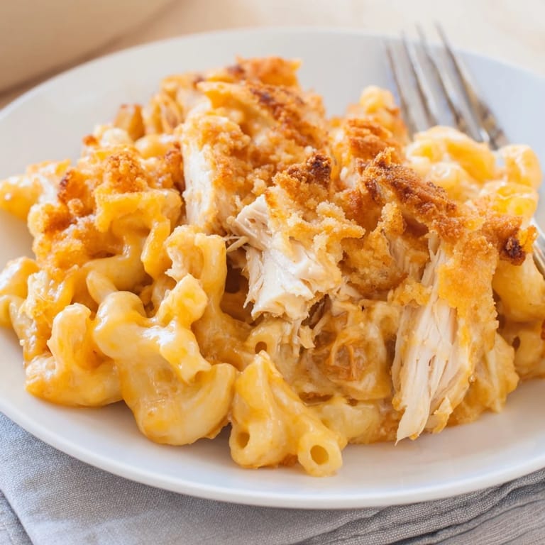 Delicious Classic Mac & Cheese featuring tender BBQ chicken, perfect for family gatherings.