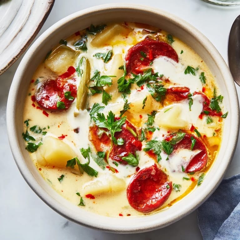 Hearty Potato, Leek & Chorizo Soup garnished with fresh parsley and served with crusty bread.  