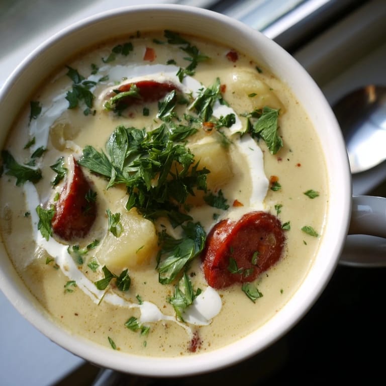 Spicy Potato, Leek & Chorizo Soup showcasing a rich, comforting blend of textures and flavors.
