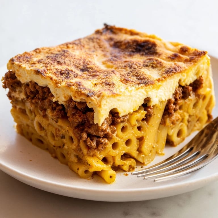 Rich beef sauce nestled between tubular pasta, topped with fluffy bechamel in Pastitsio.
