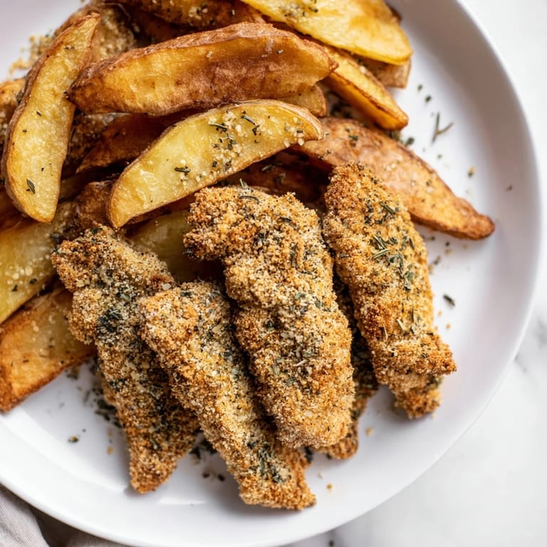 A plate of freshly cooked herbed chicken tenders beside golden potato wedges, ready to be enjoyed.