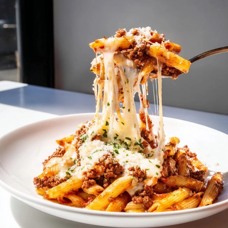 A close-up of a steaming hot Cheesy Beef & Penne Bake, ready to serve with flavorful pasta.