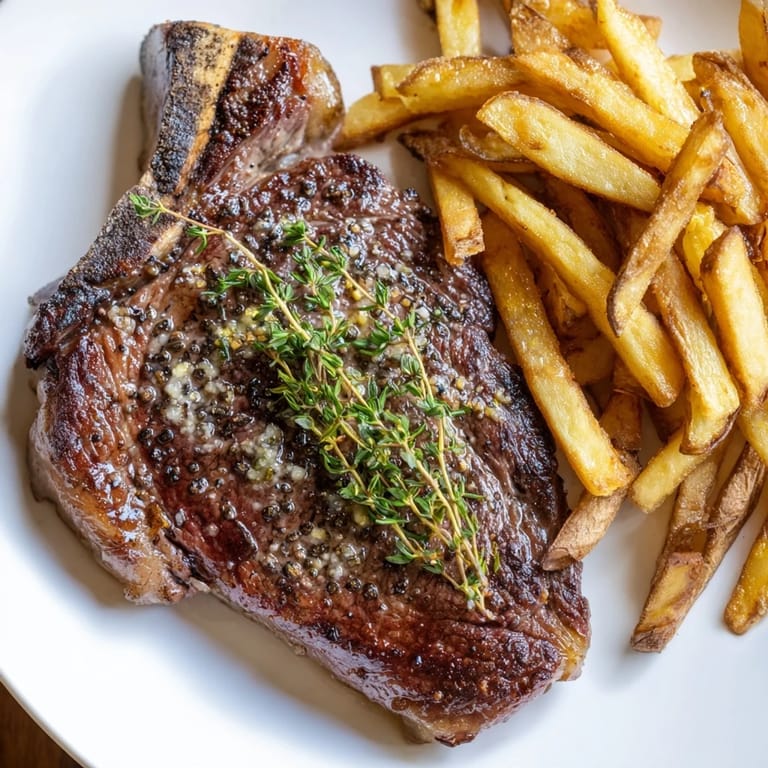 Imagine perfectly cooked Classic Peppercorn Ribeye—cracked pepper encasing tender steak with a side of fries.