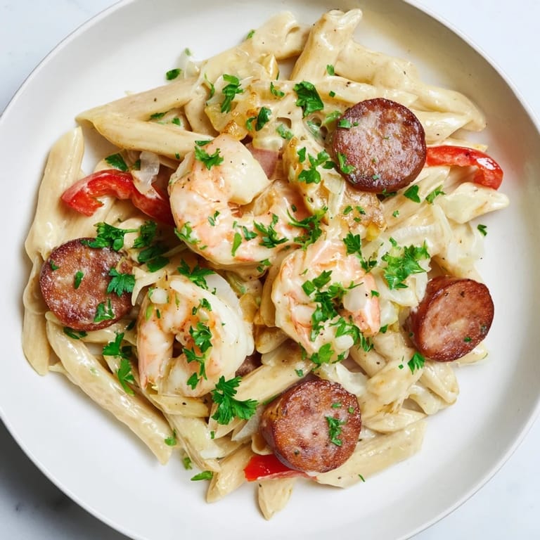 This creamy Cajun Sausage & Shrimp Alfredo Pasta Skillet features perfectly cooked pasta with flavorful sausage and shrimp.
