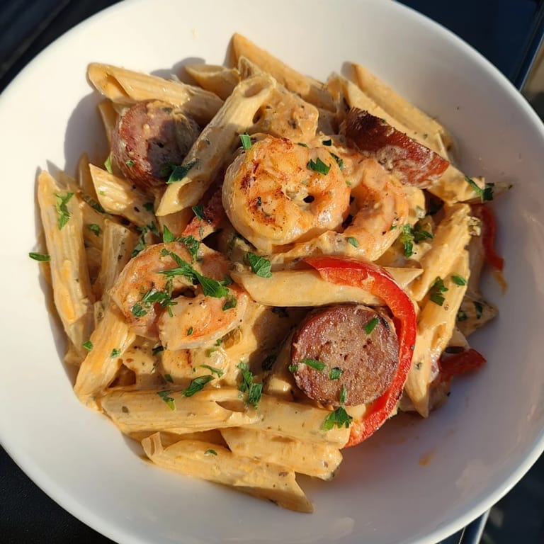 A close-up of the delicious Cajun Sausage & Shrimp Alfredo Pasta Skillet, ready for a hearty serving.