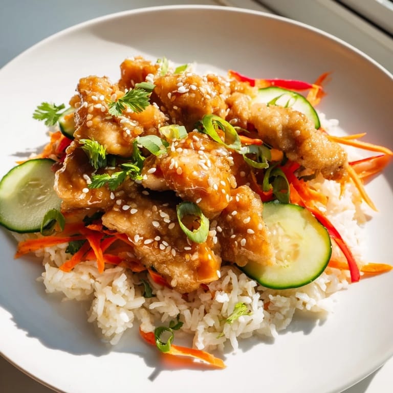 Close-up of a Sriracha Honey Chicken Rice Bowl displaying spicy-sweet chicken atop a bed of rice.