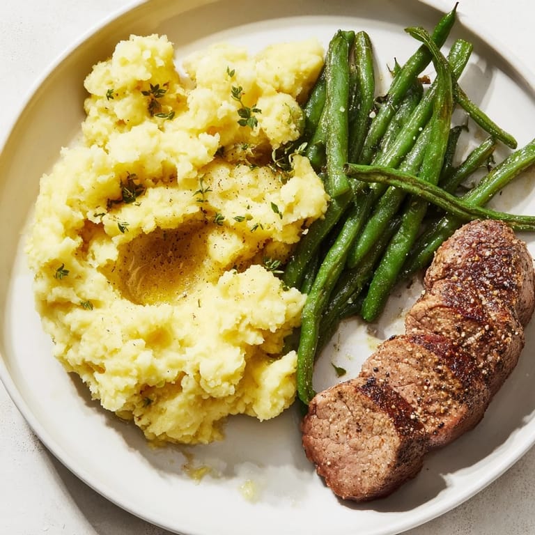 Golden-brown sirloin steak nestled next to fluffy garlic mashed potatoes, a flavorful sheet pan meal.