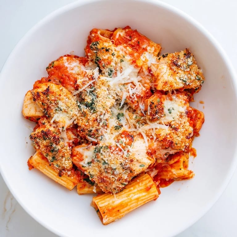 Golden-brown Baked Chicken Parmesan Pasta, a close-up of the bubbly cheese topping over pasta and chicken.