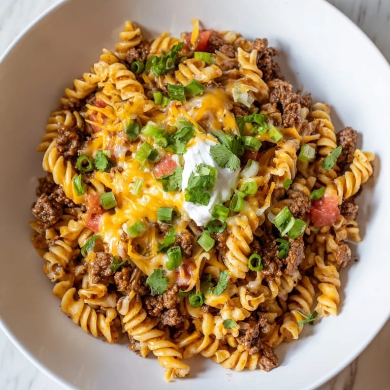 Delicious Cheesy Taco Pasta Skillet combining ground beef, pasta, and cheese in one pan for an easy meal.