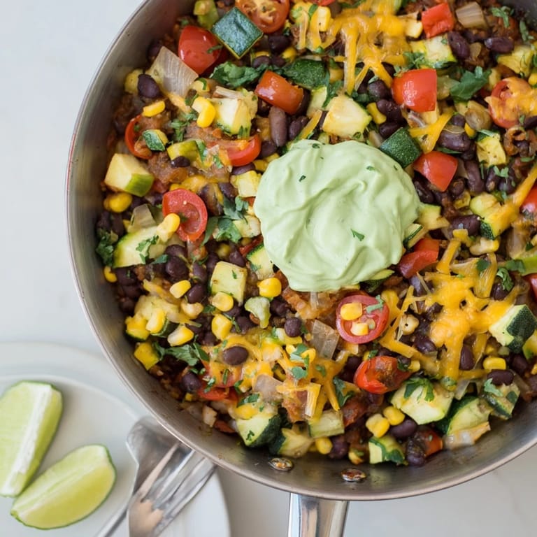 Colorful Veggie-Packed Taco Skillet: tender vegetables with creamy avocado yogurt, a complete meal.