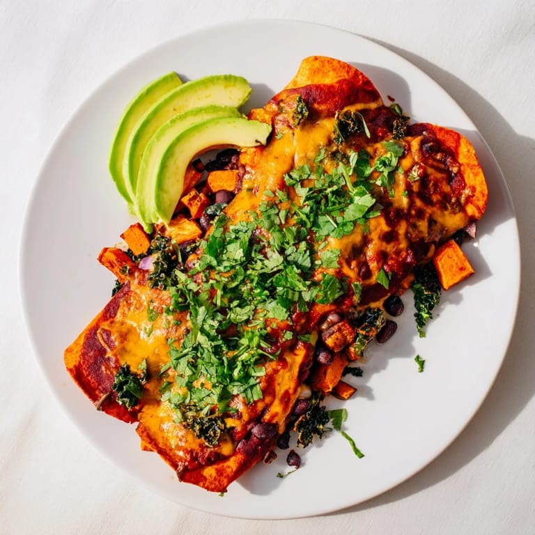 A steaming skillet of One-Pan Sweet Potato, Black Bean & Kale Enchiladas, ready for serving with fresh toppings.