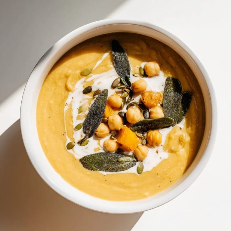 Thick and velvety, this delicious Chickpea, Pumpkin & Sage Soup is perfect for a comforting vegan meal.