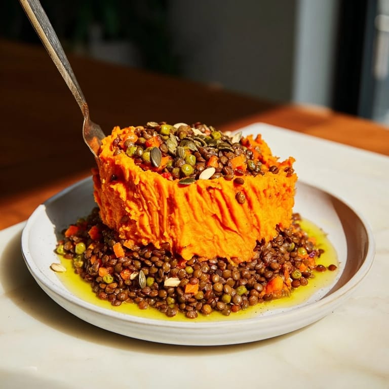 Hearty veggie shepherds pie with lentils: a comforting bowl of delicious, plant-based goodness.