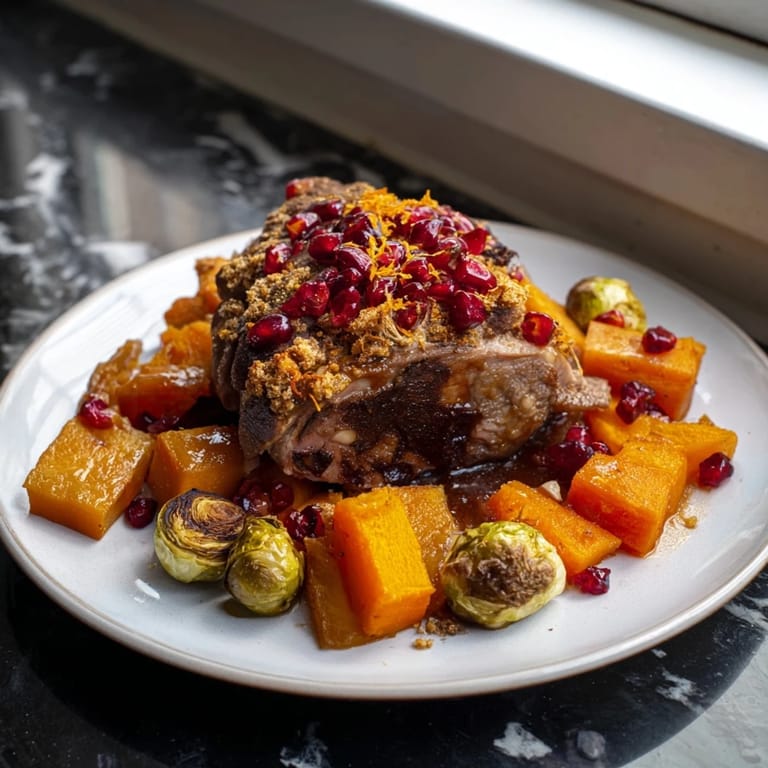 Golden-brown turkey breast and colorful roasted vegetables served with cranberry glaze.