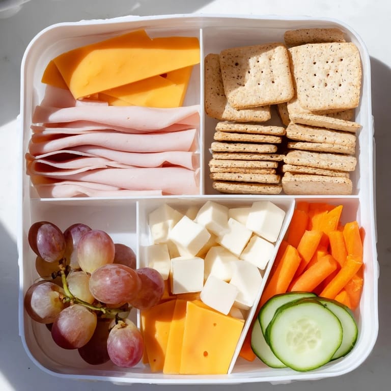 Homemade DIY Lunchables Tray includes turkey, cheddar, grapes, and crackers, ideal for a kid's lunch.
