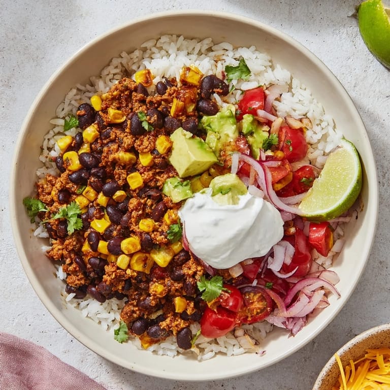 Fluffy rice, seasoned beans, and sweet corn make up this delicious burrito bowl.