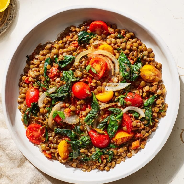 One-pan Lentil-Tomato Skillet: steaming lentils and diced tomatoes ready to be enjoyed.