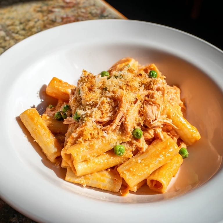 Creamy layers of Tuna Pasta Bake, topped with a golden breadcrumb and cheese crust.