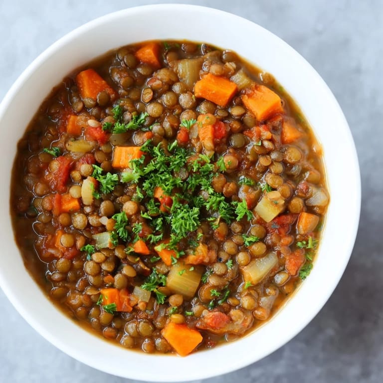 A vibrant and flavorful Lentil Soup, showcasing tender carrots and celery, ready to serve with lemon.