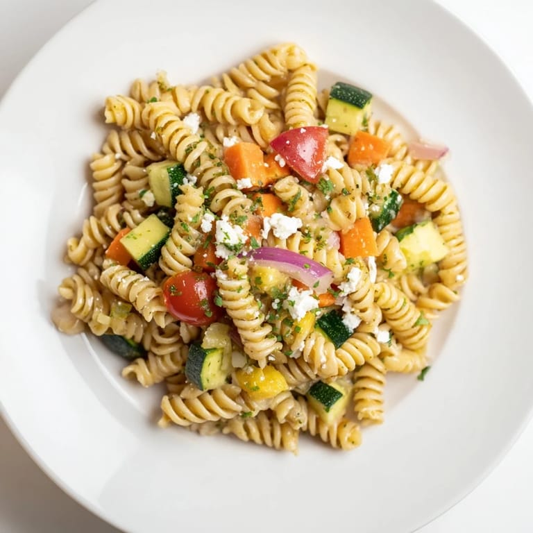 This chilled Pasta Salad with Seasonal Veggies is tossed in a simple, zesty homemade dressing; a colorful image.