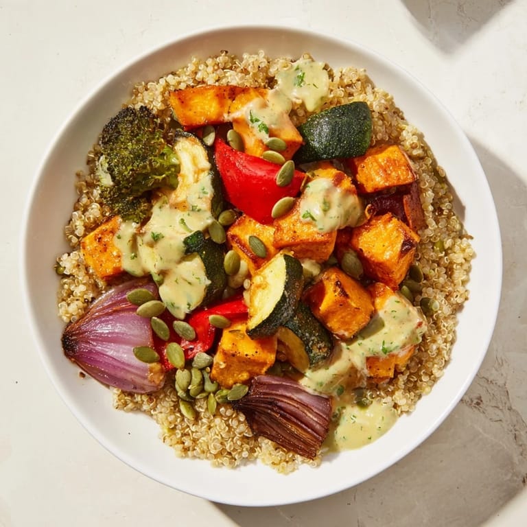 Warm and inviting, this quinoa bowl recipe displays perfectly roasted seasonal veggies, ready to enjoy.