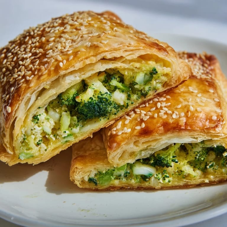 A close-up view of a baked Broccoli Cheddar Quiche-less Hand Pie, ready to enjoy as a snack!