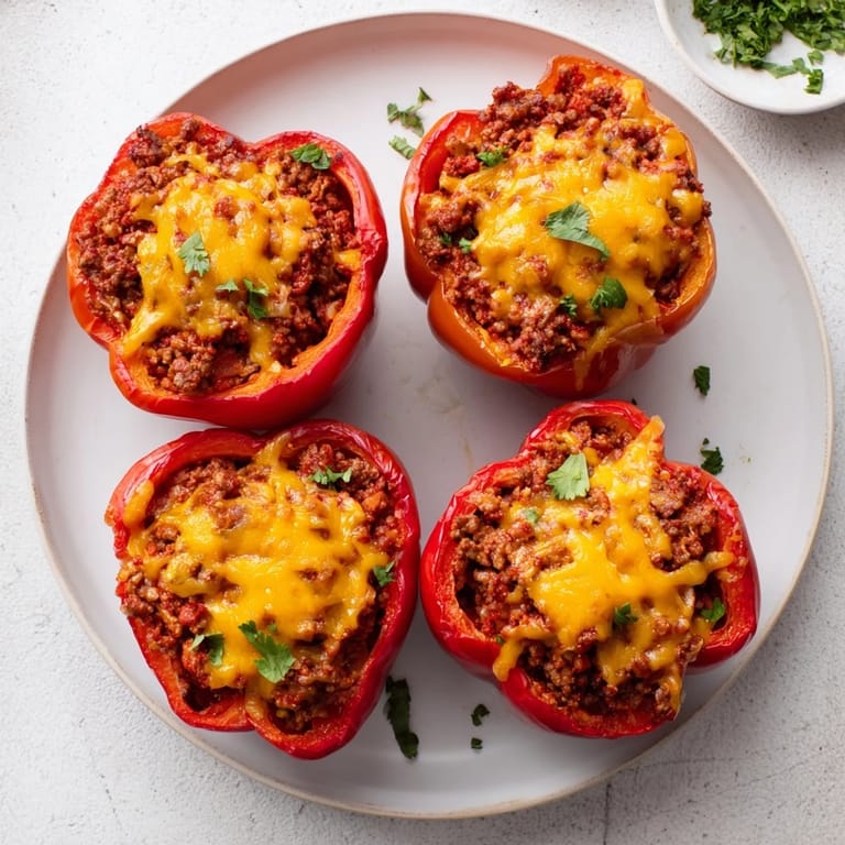 Baked Sloppy Joe stuffed bell peppers: vibrant peppers filled with a hearty, flavorful meat mixture.