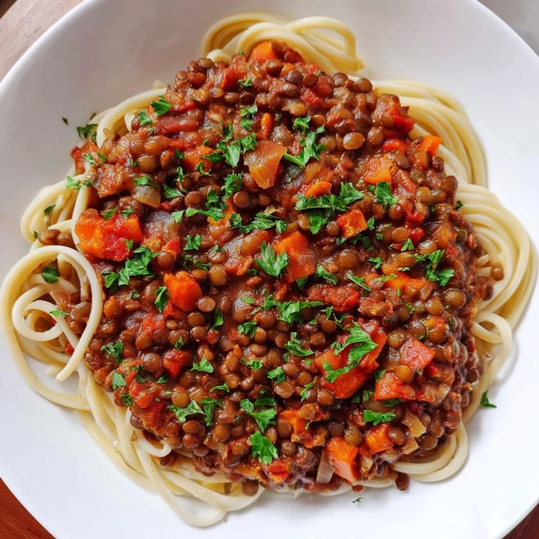 A close-up of a rustic bowl filled with rich, savory Hearty Lentil Bolognese over spaghetti.