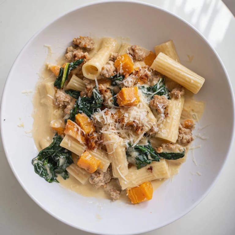 A close-up of Creamy Rigatoni showcasing the tender squash and spicy sausage topping.